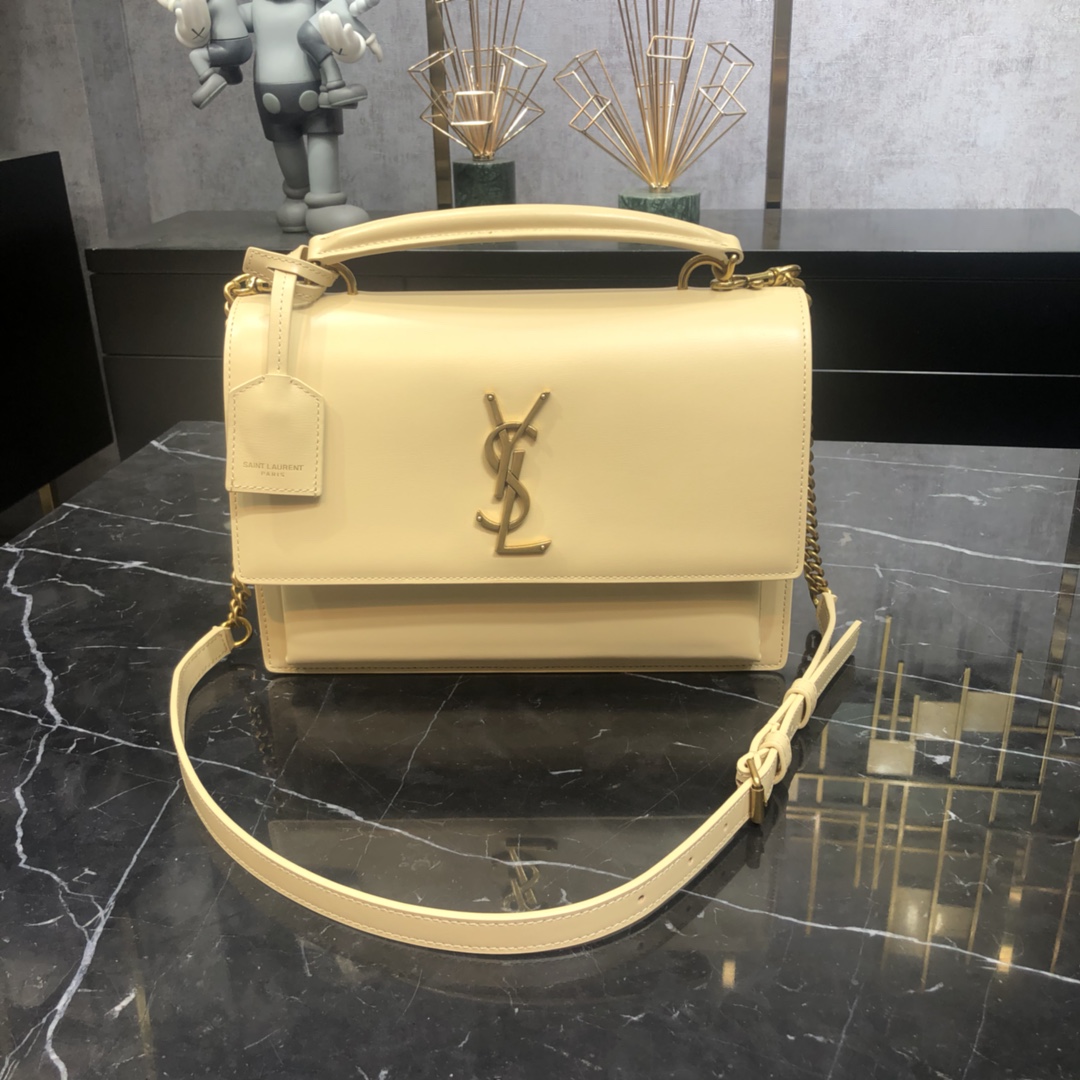 Saint Laurent Sunset Top Handle Smooth Calfskin Handbag Shoulder Bag Dark Beige 634723 Gold